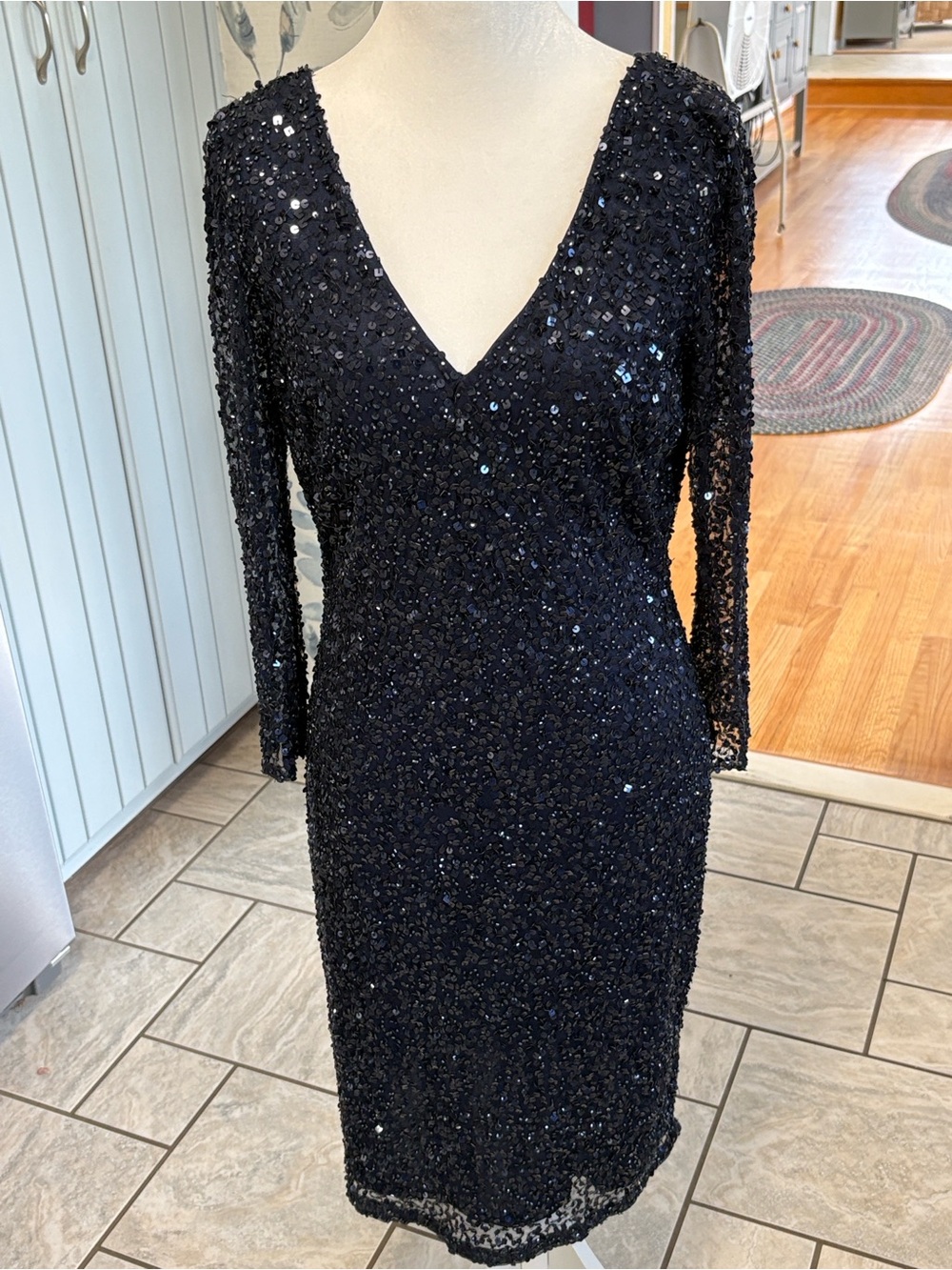 JS Collections Dark Blue Sequin V-Neck Long Sleeve Cocktail Sheath Dress